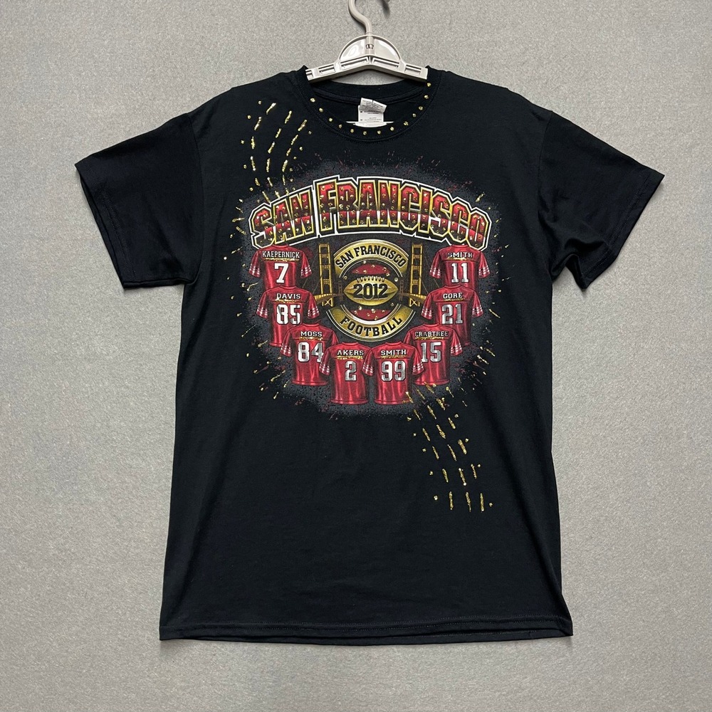 San Francisco 49ers Shirt Womens Medium‎ Black 2012 Roster Gold Rhinestone Tee